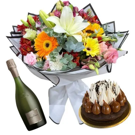 Ramo de flores de estacion con torta y espumante